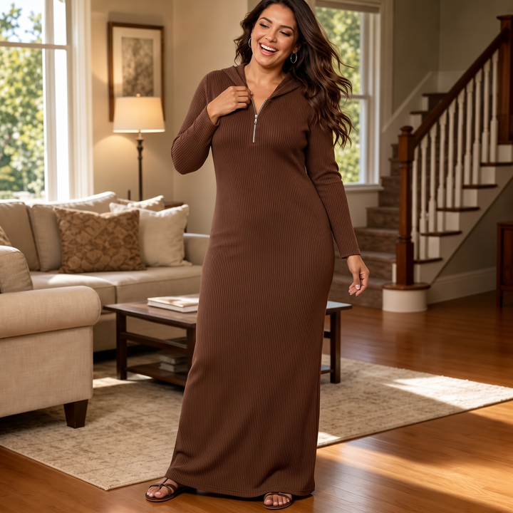 Damen Rippstrick Maxikleid Mit Kapuze