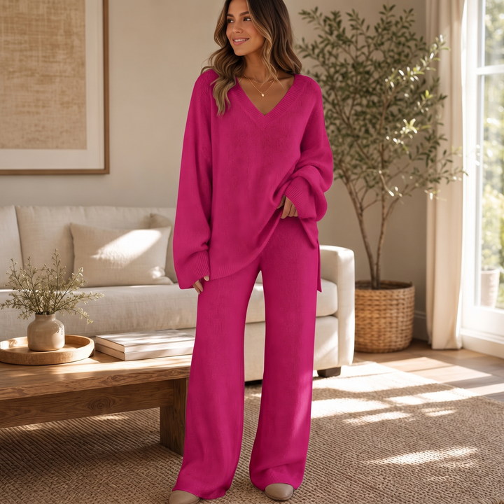 Damen Set V-Ausschnitt Pullover Und Weite Hose