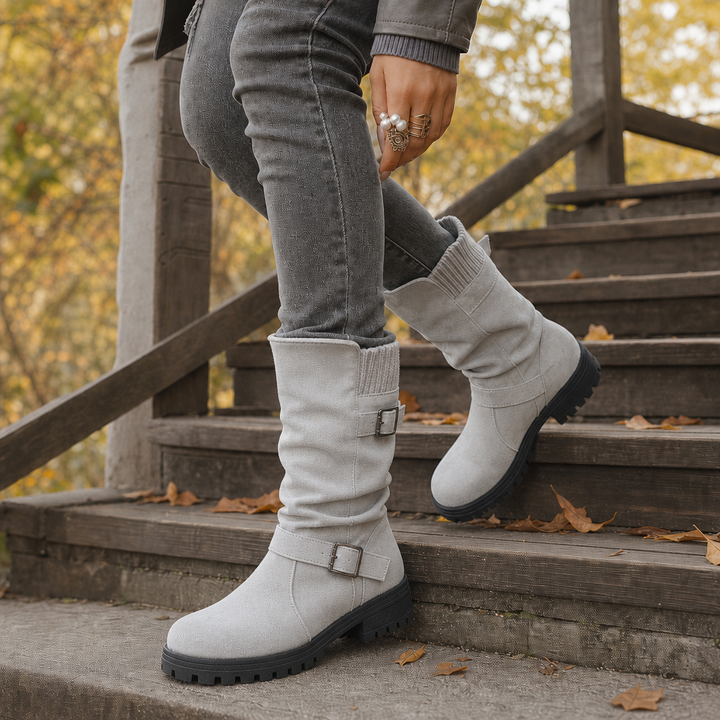 Damen Slouch Stiefel Mit Grober Sohle Und Gerippter Manschette