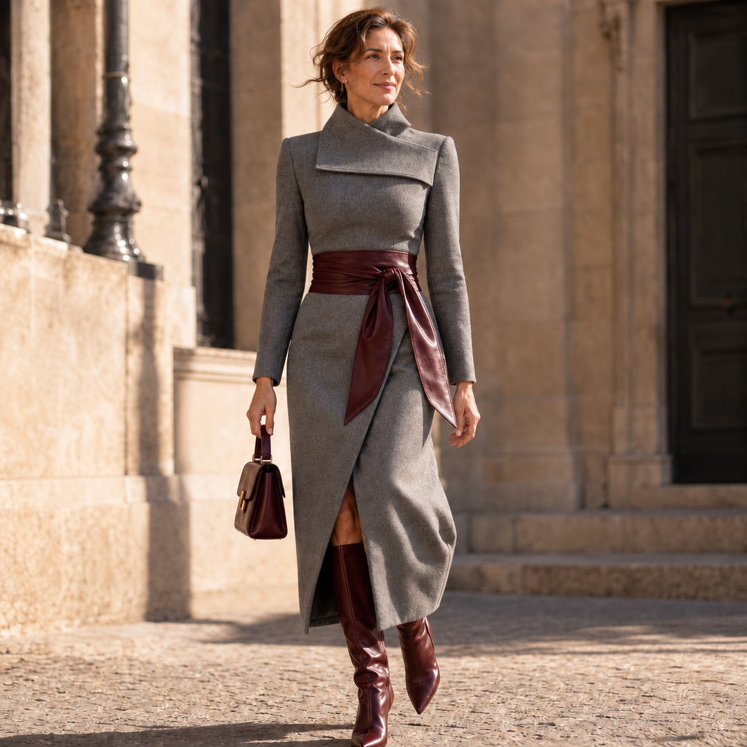 Damen Wickelkleid Struktur-Strick Midi