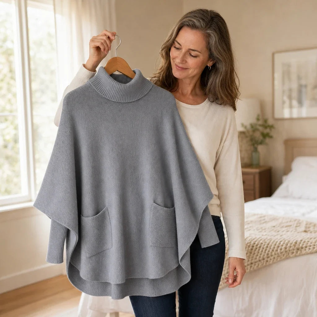 Oversized Poncho-Pullover mit Rollkragen und Taschen