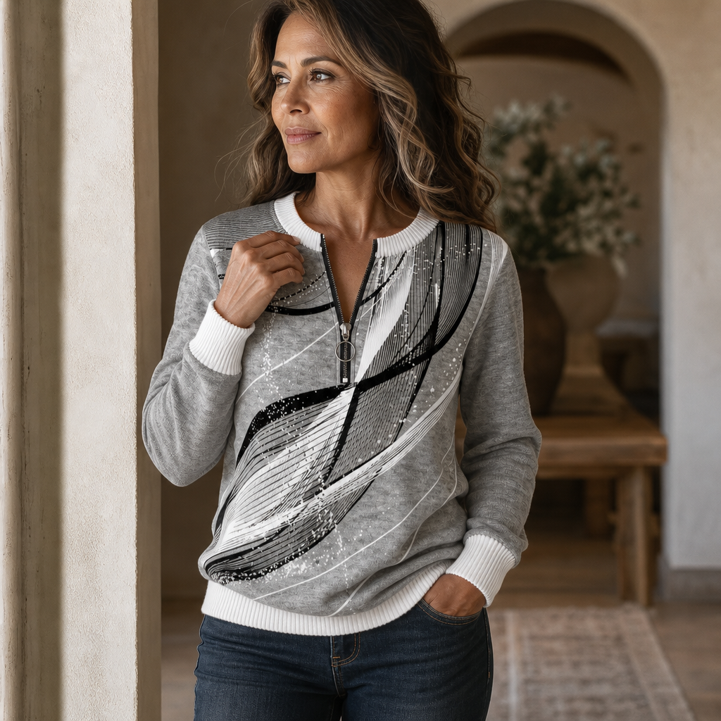 Lineora | Damen Half-Zip Sweatshirt mit abstraktem Druck
