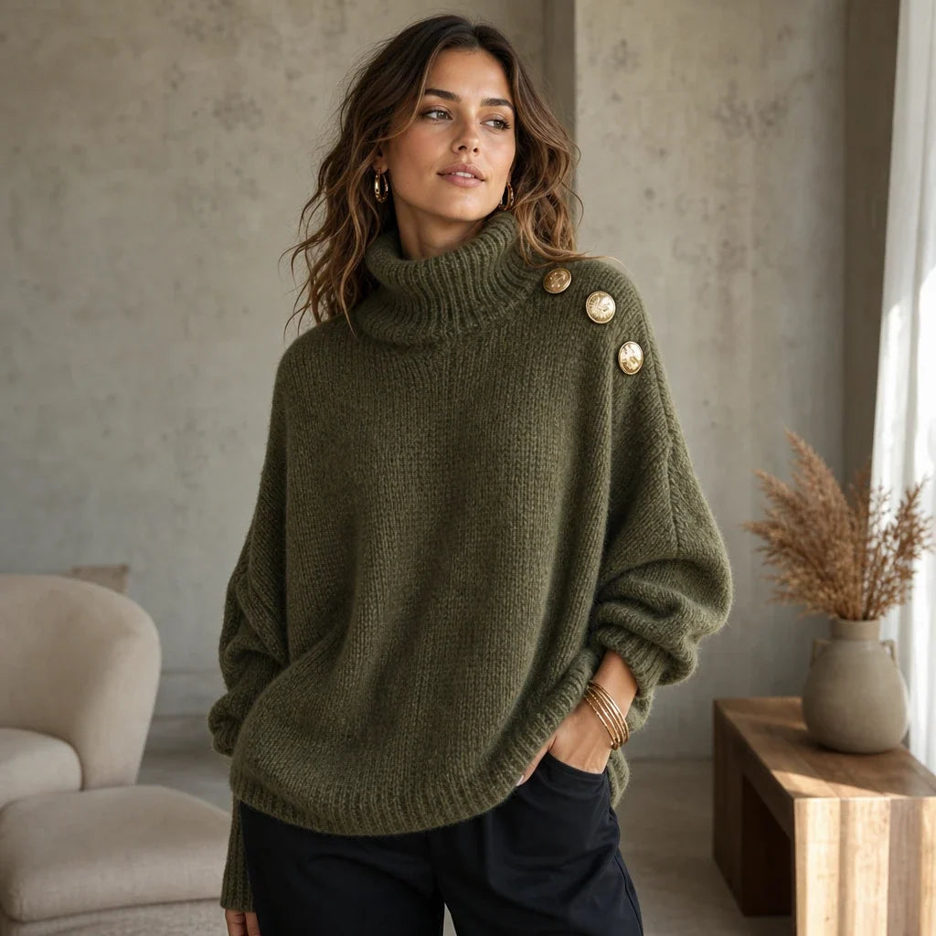 Strickpullover mit Rollkragen und Zierknöpfen an der Schulter