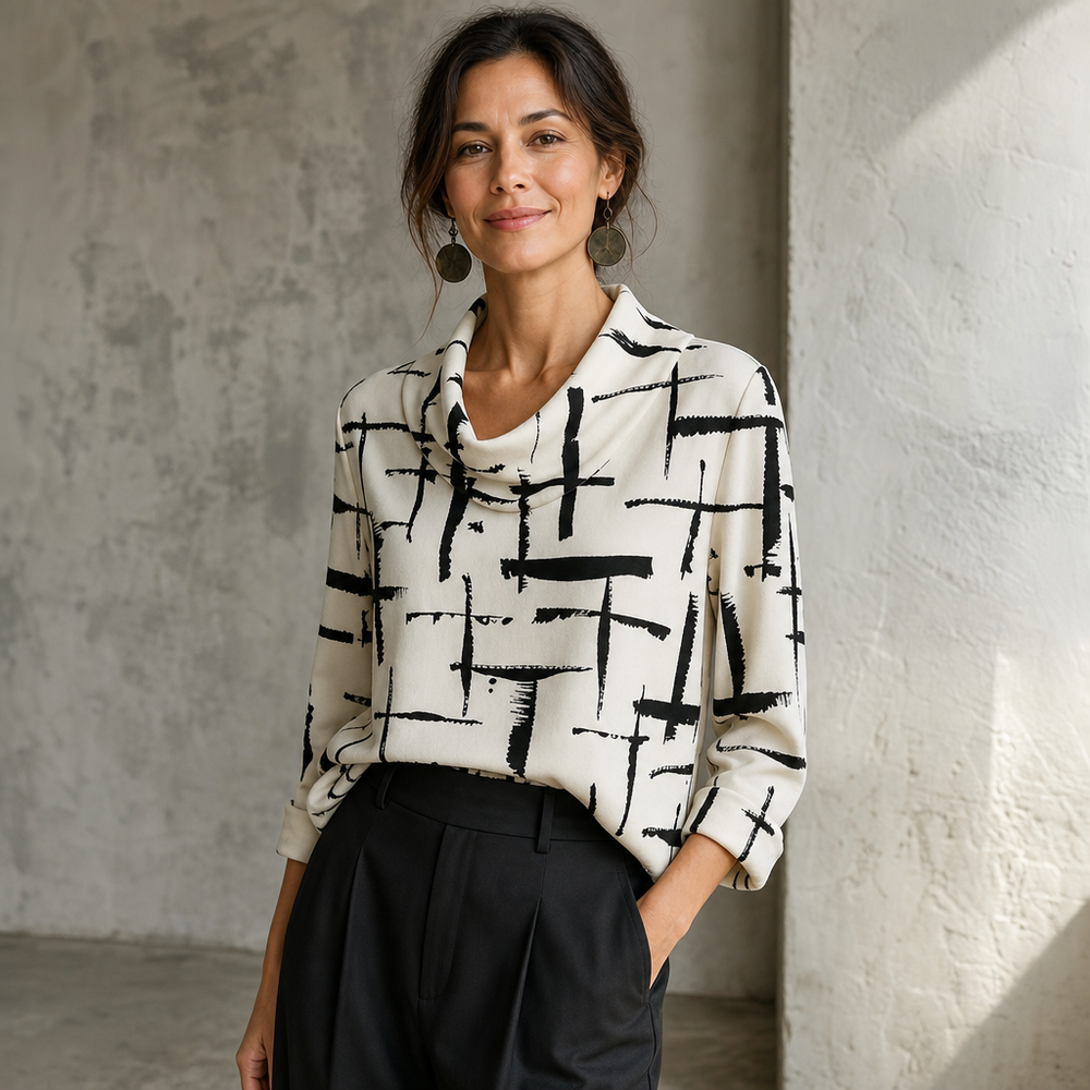 Cowlina | Damen 3/4-Arm Bluse mit Rollkragen und Kreuzmuster