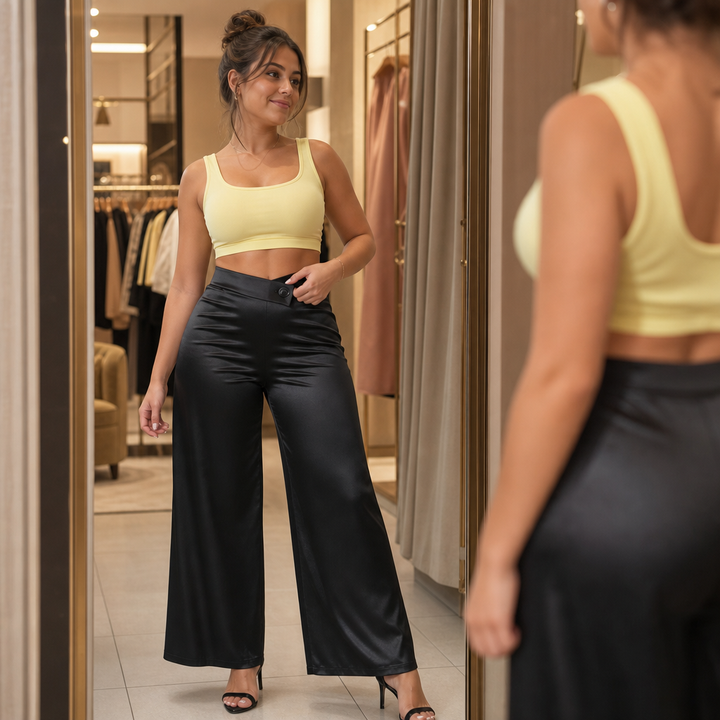 Damen Satinhose Asymmetrisch Weites Bein
