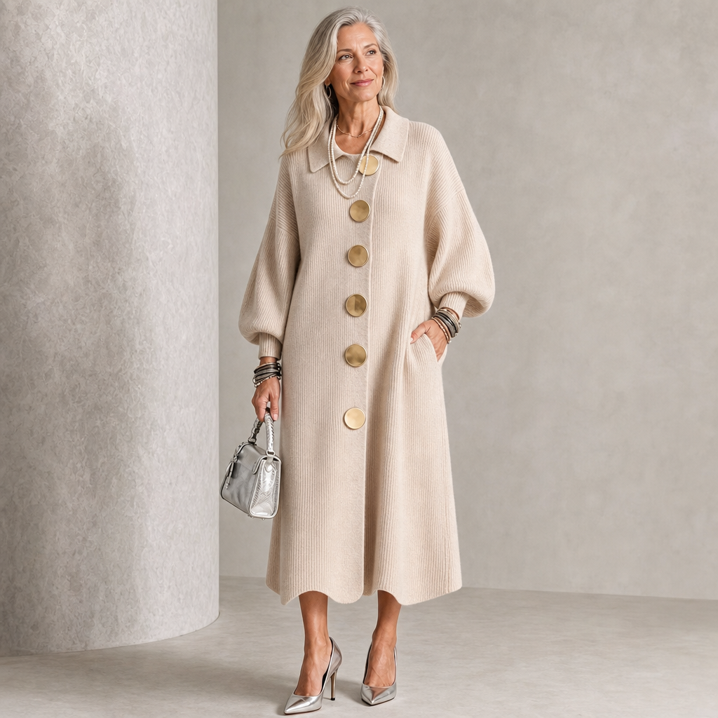 Damen Rippstrick Maxikleid Mit Laternenärmeln Und Goldenen Knöpfen
