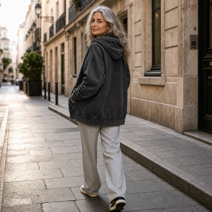 Damen Jeansjacke mit Kapuze und Reißverschluss, Oversized