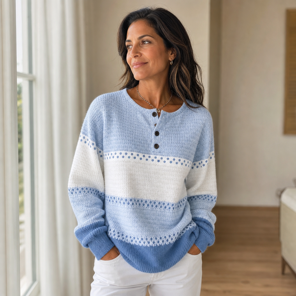 Damen Waffelstrick Henley Pullover Color Block