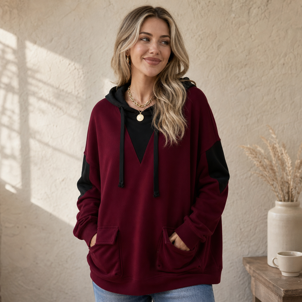 Vela | Oversized Hoodie mit V-Ausschnitt und Colorblock