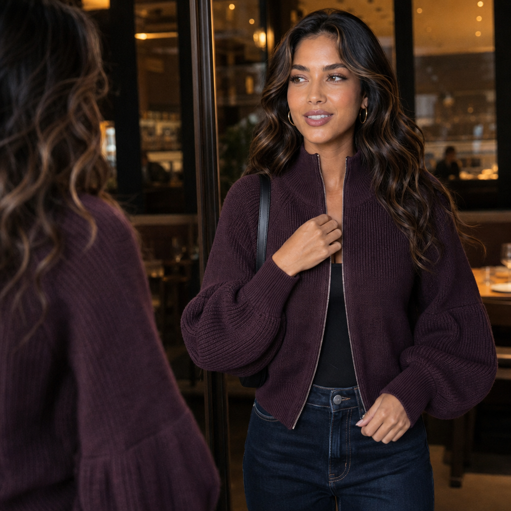 Damen Strickjacke Mit Reißverschluss Und Laternenärmeln