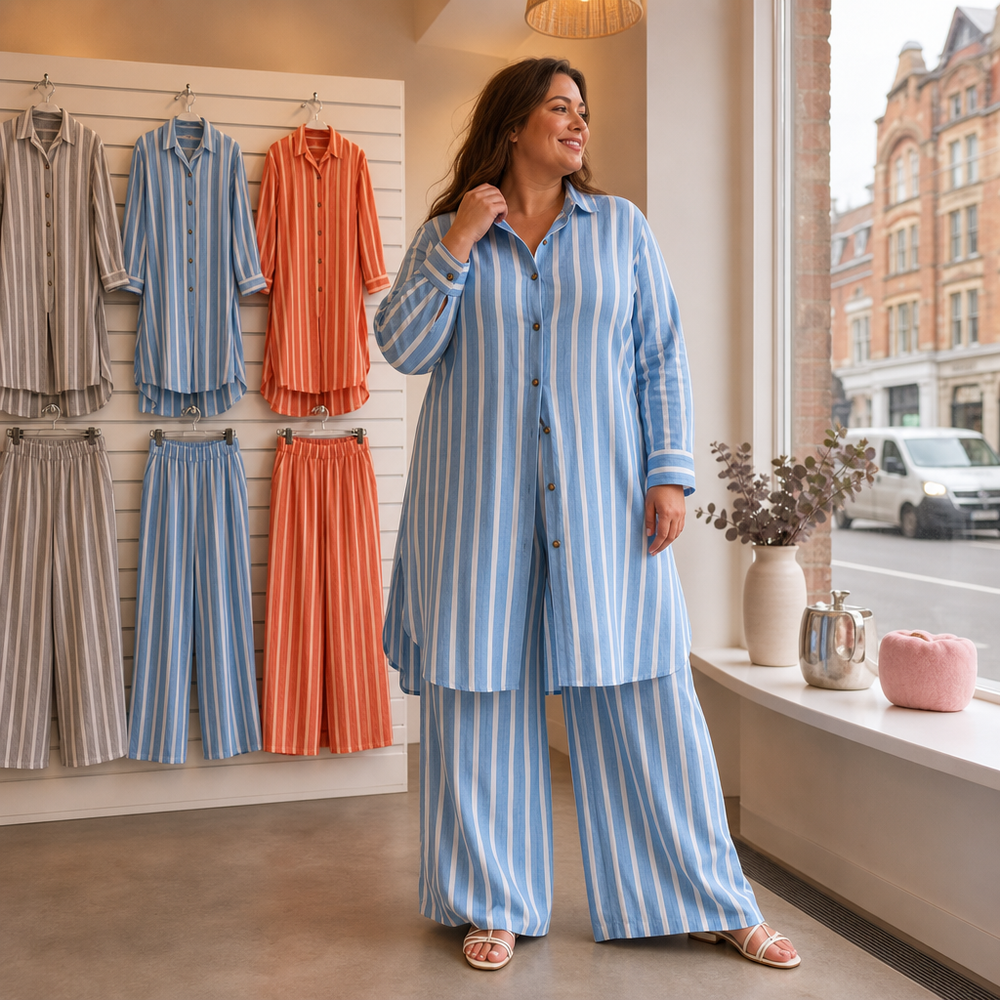 Damen Zweiteiler Gestreiftes Longline-Hemd Und Weite Hose