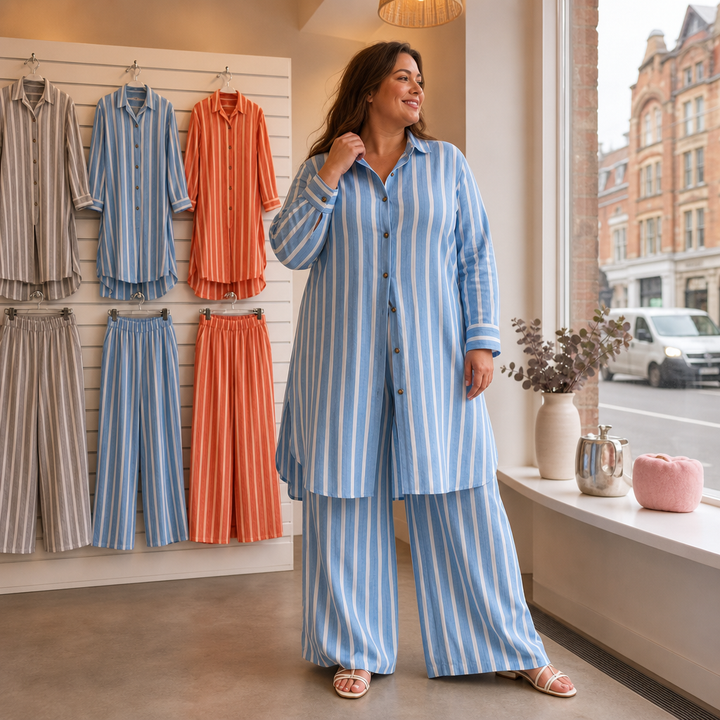Damen Zweiteiler Gestreiftes Longline-Hemd Und Weite Hose