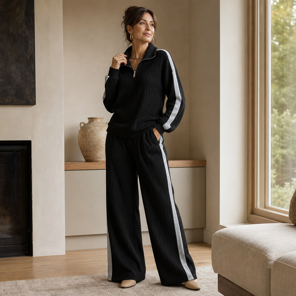 Damen Loungewear-Set geripptes Oberteil mit Halbreißverschluss und weiter Hose