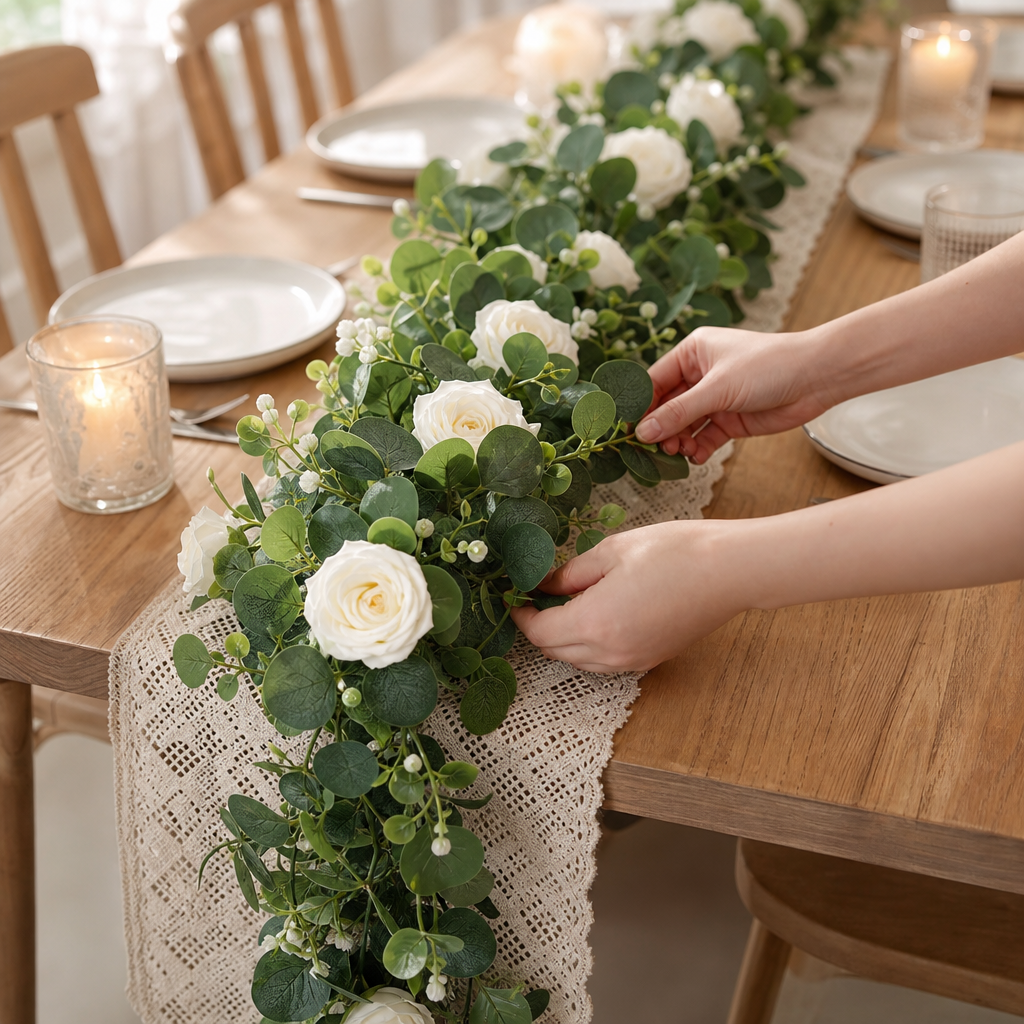 Dekorative Girlande Weiße Rosen Mit Eukalyptus