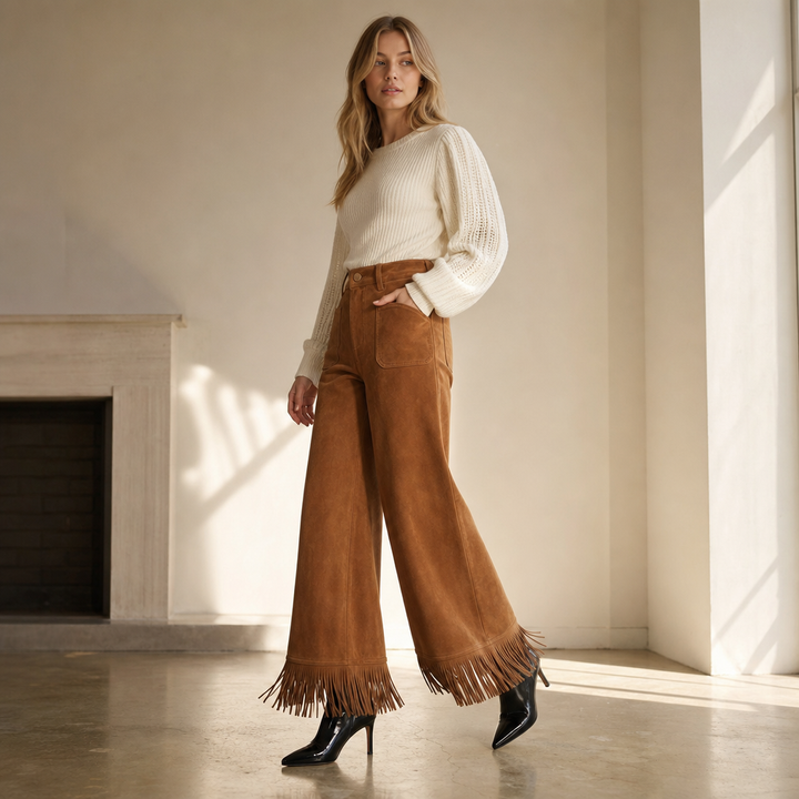 Damen Weite Hose Wildleder Look Mit Fransen