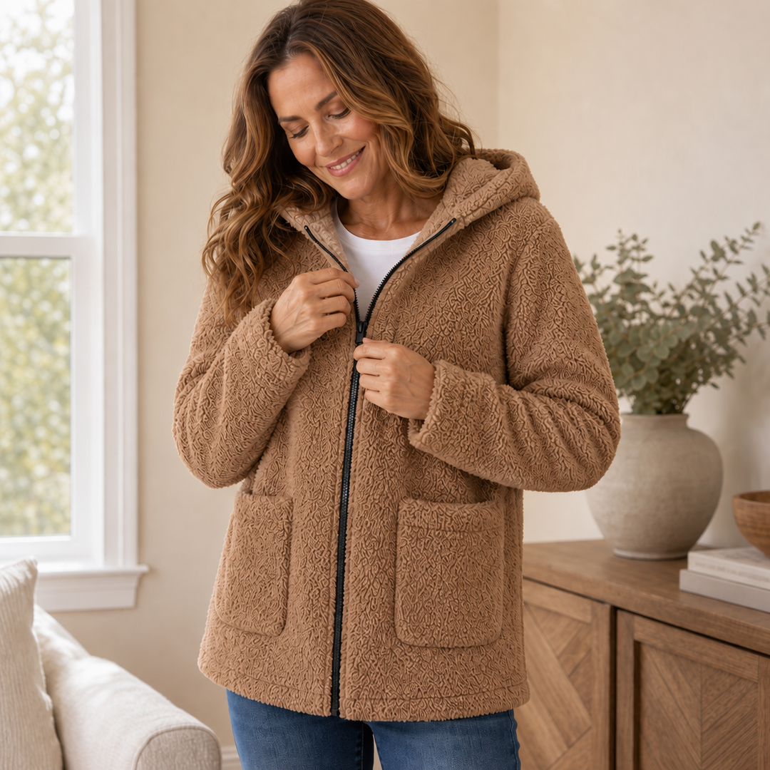 Damen Plüschfleece Jacke Mit Kapuze