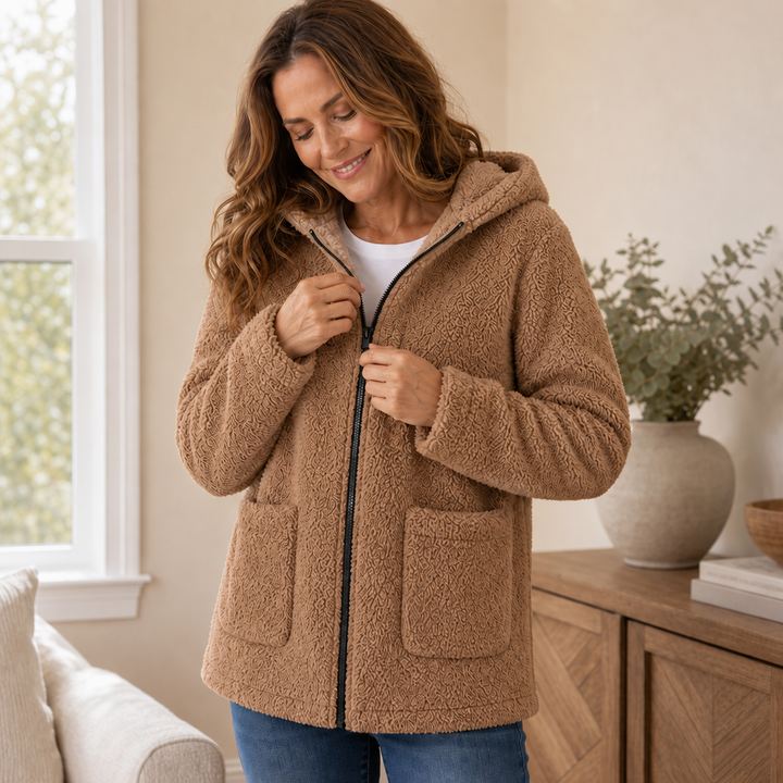 Damen Plüschfleece Jacke Mit Kapuze