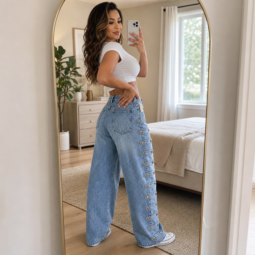 Damen Weite Jeans Mit Seitlicher Schnalle