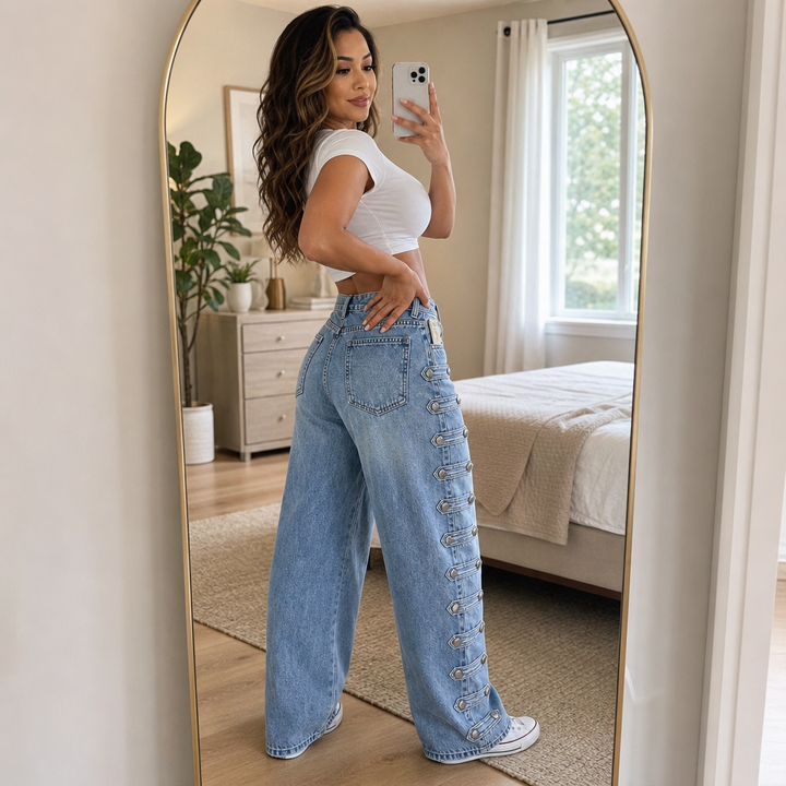 Damen Weite Jeans Mit Seitlicher Schnalle