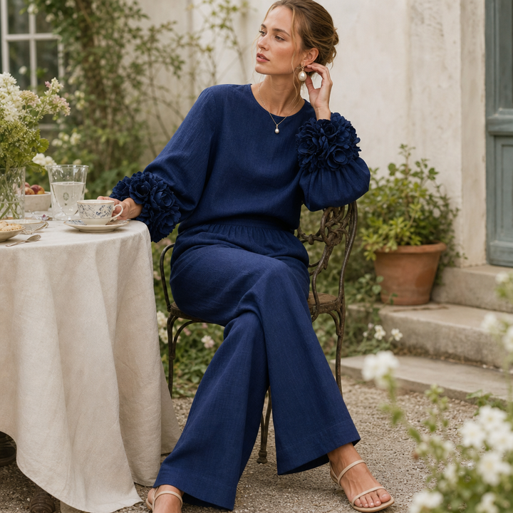 Damen Set Zweiteilig Weites Bein Mit Blumen Manschette