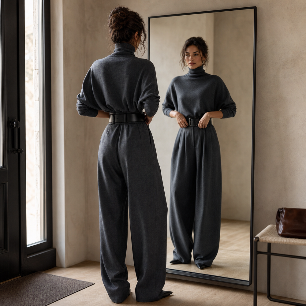 Damen Set Rollkragen Top Mit Hose Und Gürtel