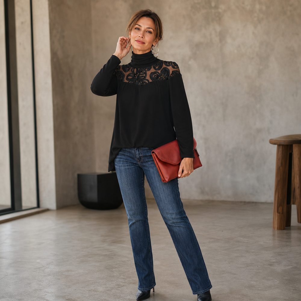 Damen Bluse Mit Spitzeneinsatz Und Stehkragen