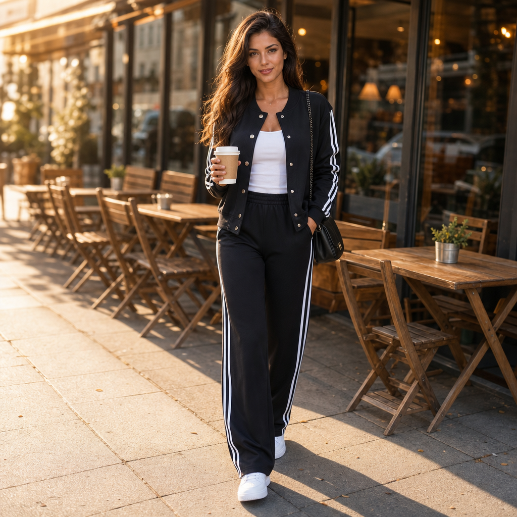 Damen Loungewear Zweiteiler Hohe Taille Kontraststreifen Weites Bein