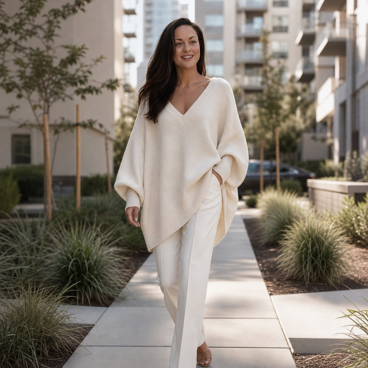 Damen Oversized Pullover V-Ausschnitt Puffärmel