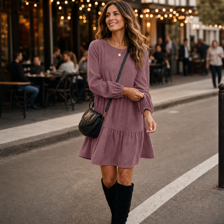 Damen Kleid Langarm Volants Gestuft