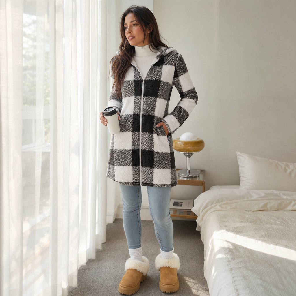 Damen Karo Hoodie-Jacke Mit Reißverschluss