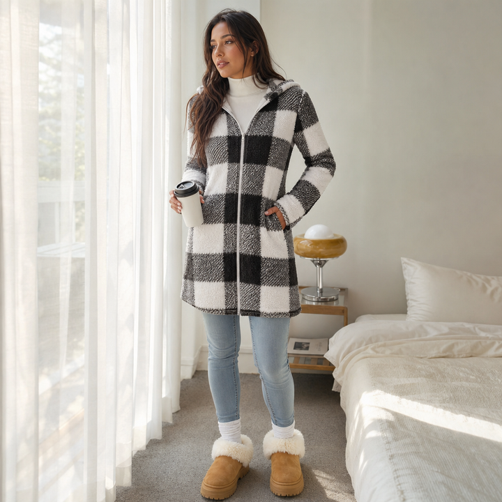 Damen Karo Hoodie-Jacke Mit Reißverschluss