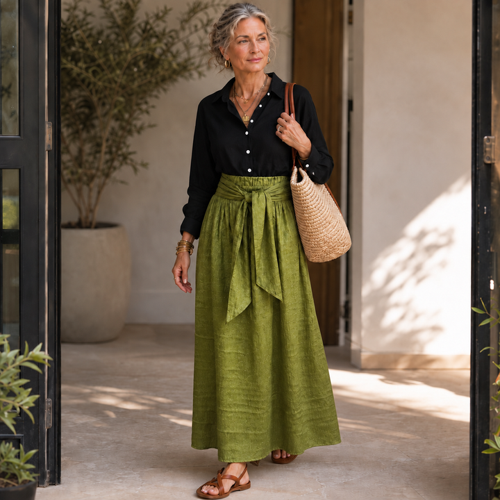 Olive Onyx | Damen Zweiteiler Knopfhemd und Midirock mit Bindegürtel