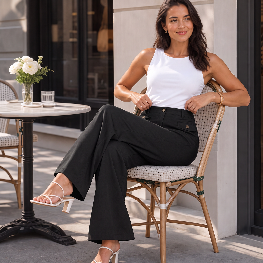 Damen Hose Hohe Taille Weites Bein Mit Knöpfen