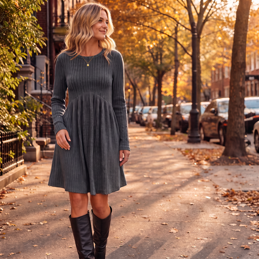 Damen Midikleid Rippstrick A-Linie Hohe Taille