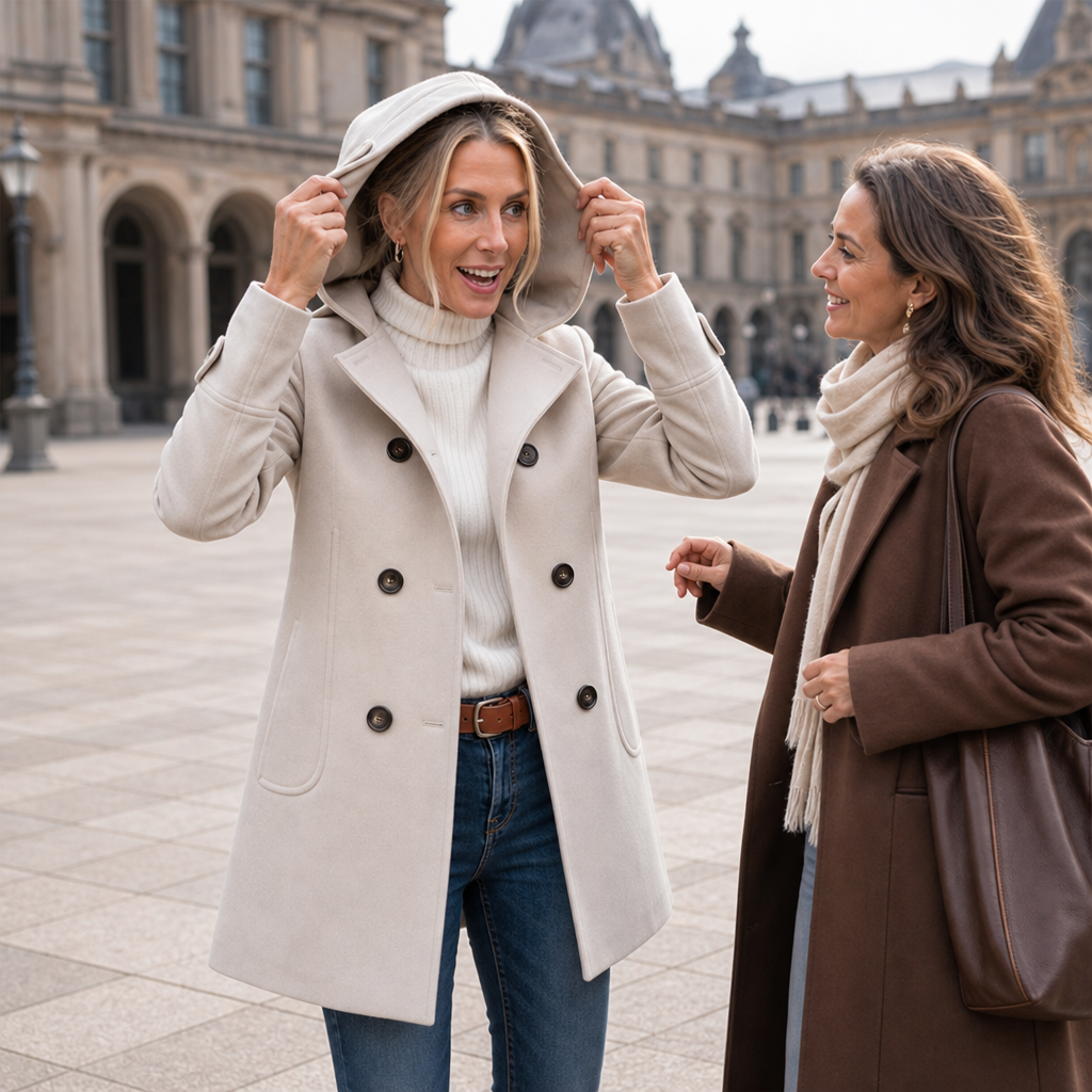 Damen Doppelreihiger Peacoat Mit Kapuze
