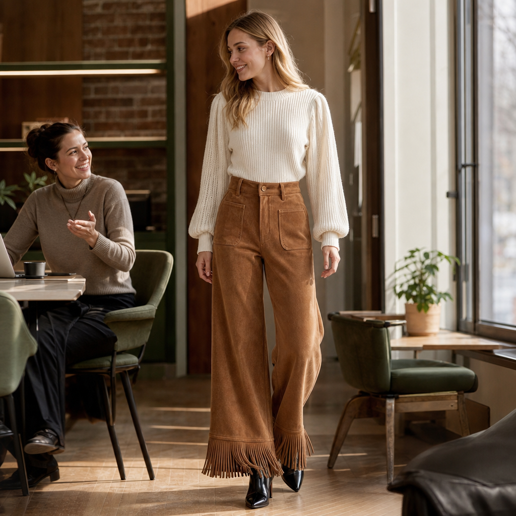 Damen Weite Hose Wildleder Look Mit Fransen