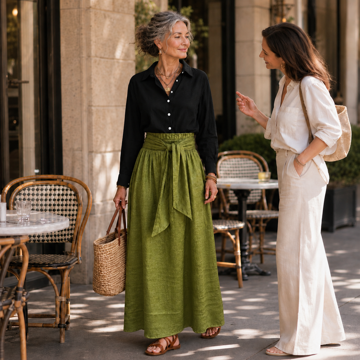 Olive Onyx | Damen Zweiteiler Knopfhemd und Midirock mit Bindegürtel