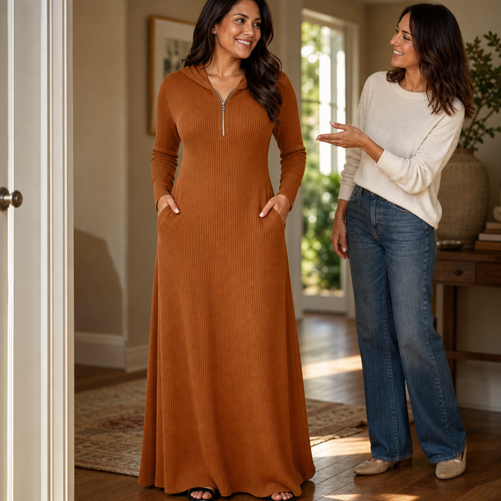 Damen Rippstrick Maxikleid Mit Kapuze