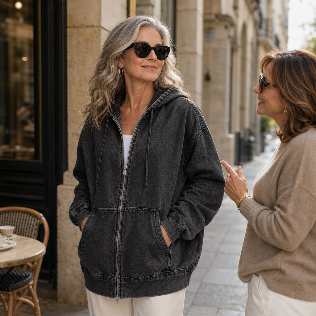Damen Jeansjacke mit Kapuze und Reißverschluss, Oversized