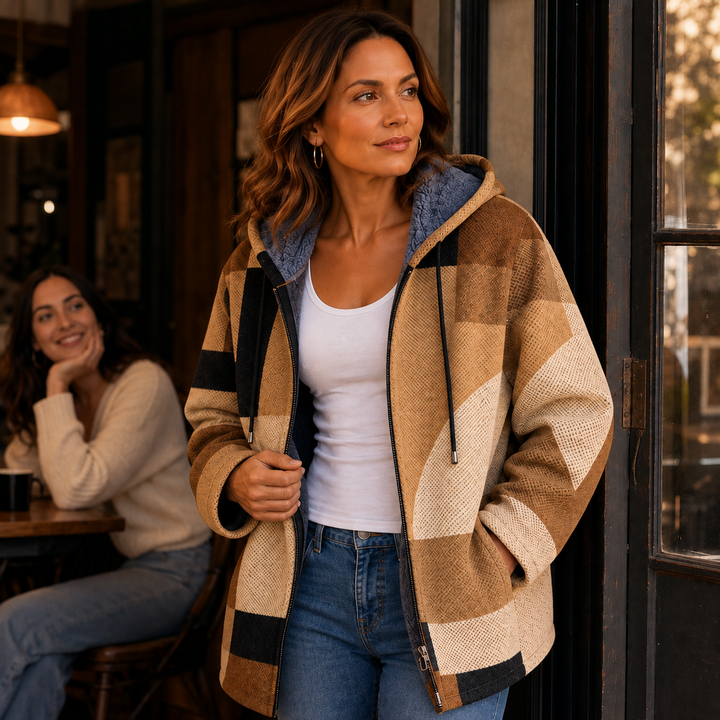 Patchwork Poise | Damen Kapuzenjacke mit geometrischem Colorblock