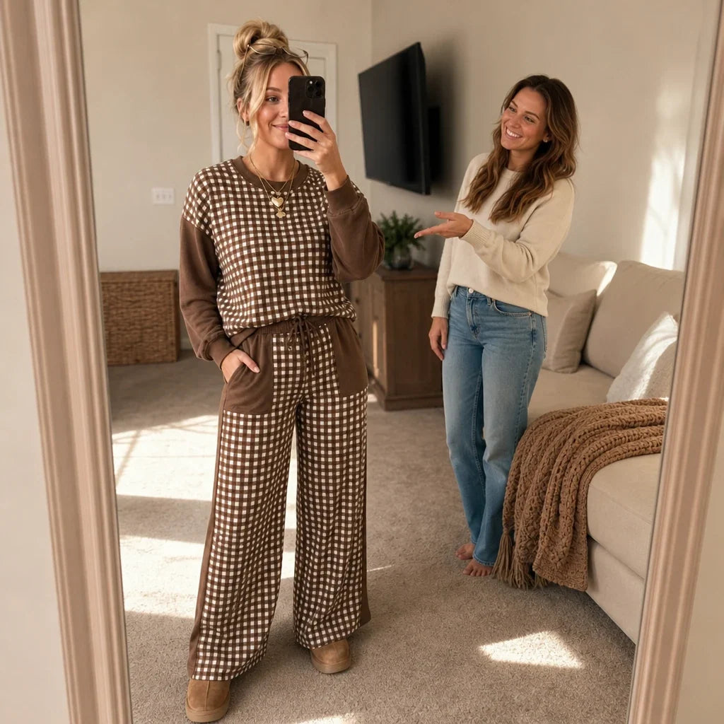 Two-piece set with a long-sleeved top and wide-leg pants in a check pattern