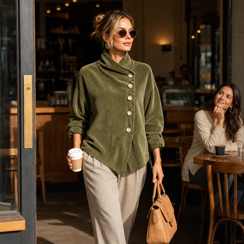 Damen Cord Oberteil Asymmetrische Knopfleiste Mit Stehkragen