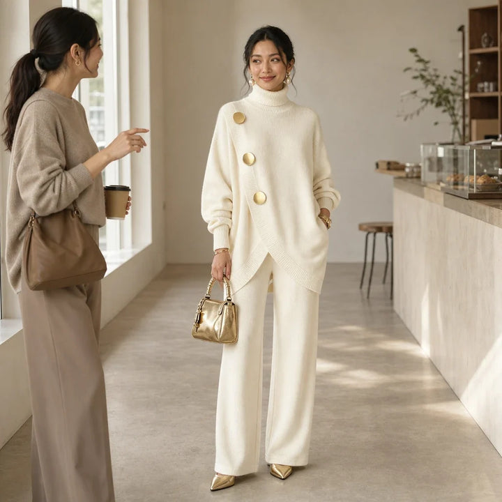 Knit two-piece set with gold buttons and an asymmetrical cut