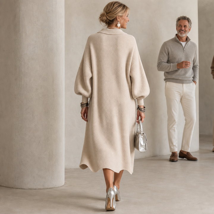 Damen Rippstrick Maxikleid Mit Laternenärmeln Und Goldenen Knöpfen