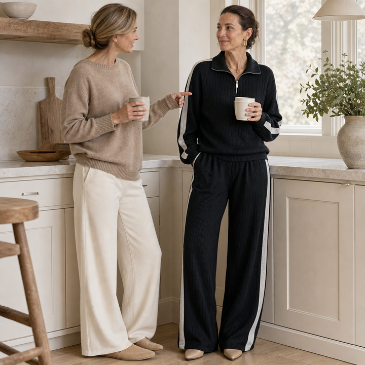 Damen Loungewear-Set geripptes Oberteil mit Halbreißverschluss und weiter Hose