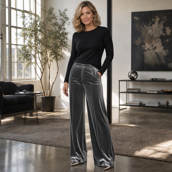 Damen Samthose Hohe Taille Weites Bein