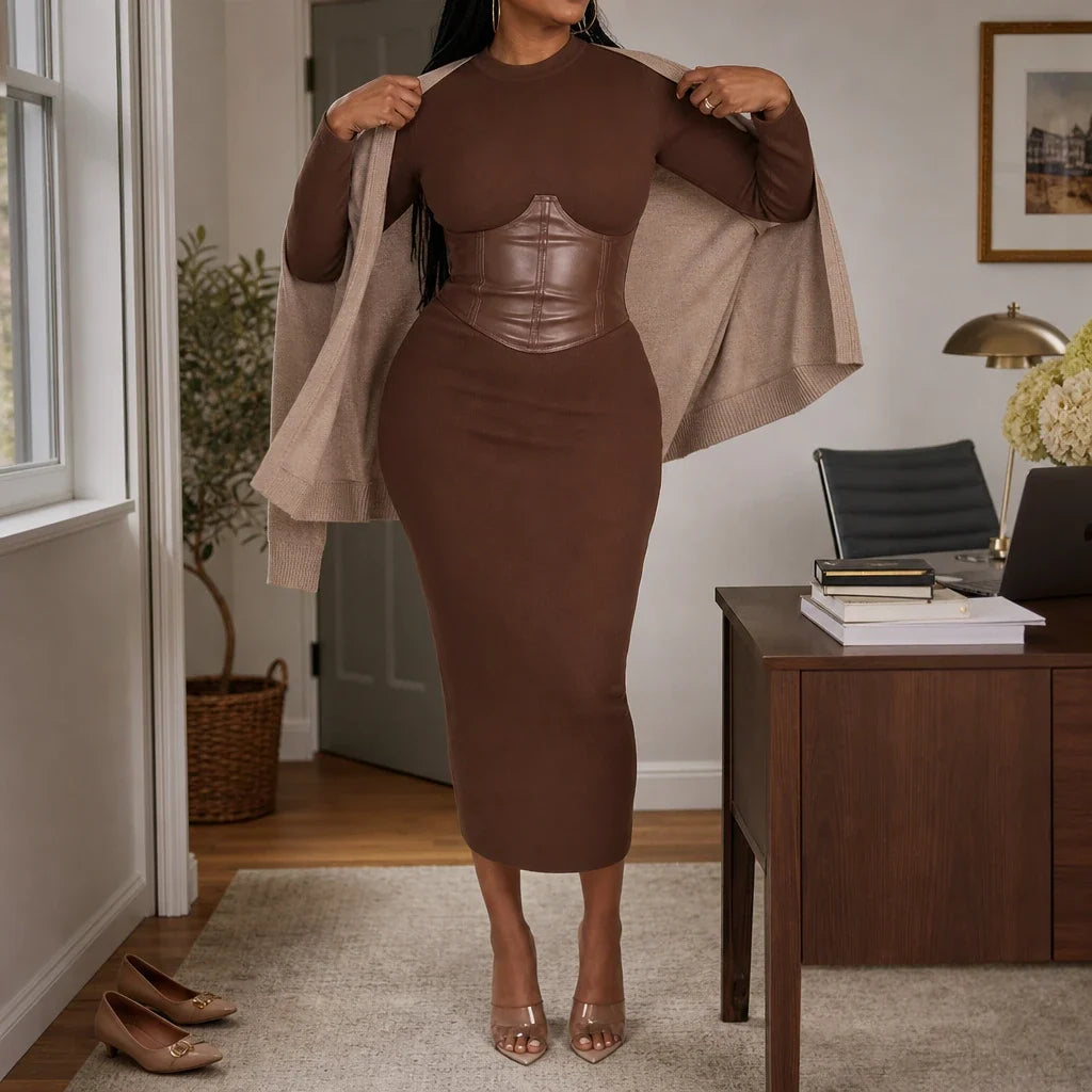 Geripptes Strickkleid in Midi-Länge mit Korsagentaille