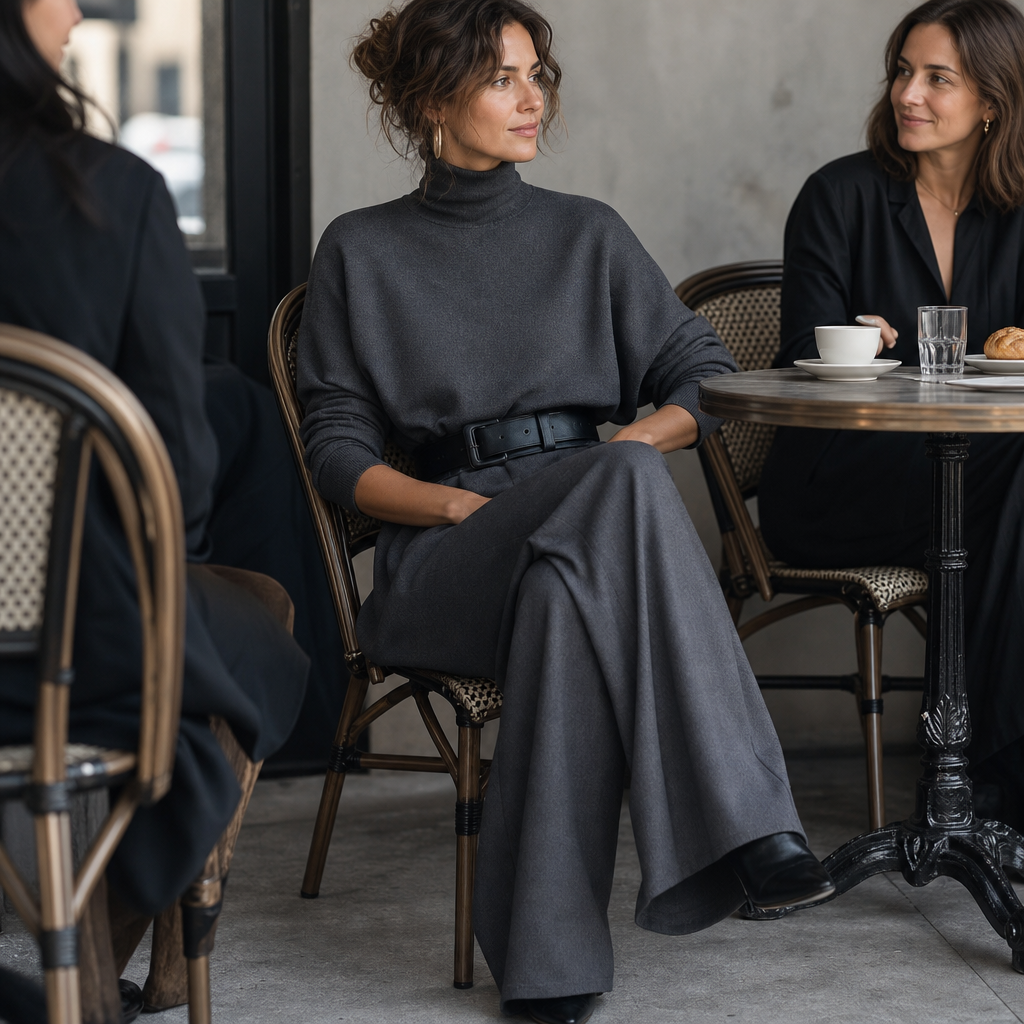 Damen Set Rollkragen Top Mit Hose Und Gürtel