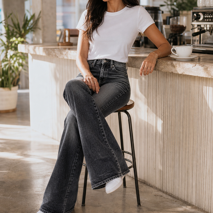 Damen Schlagjeans Hohe Taille Whisker Waschung