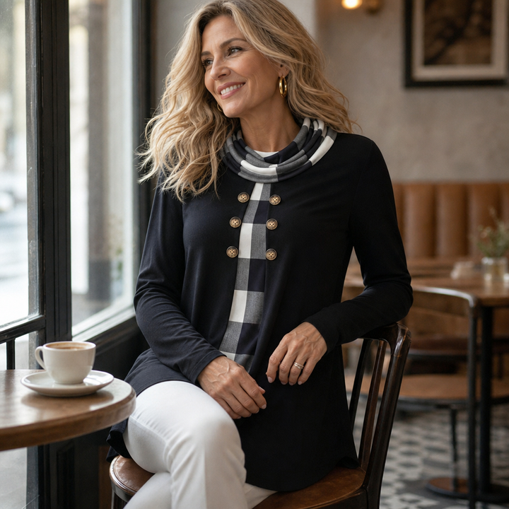 Damen Tunika Longsleeve Mit Karo Detail Zweilagiger Look